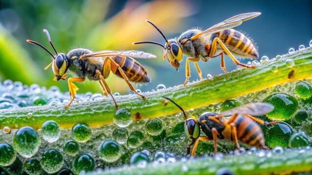 Beneficial wasps deposit eggs into aphid-infested leaves, surrounded by dewy morning calm, with soft focus and shallow depth of field highlighting insect delicacy.