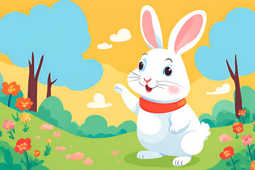 Obraz premium A little white rabbit is in the middle of a field of flowers.
