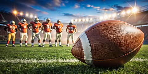 A close-up shot of a football with players in the background , sport, soccer, game, competition, team, match, ball, field, grass