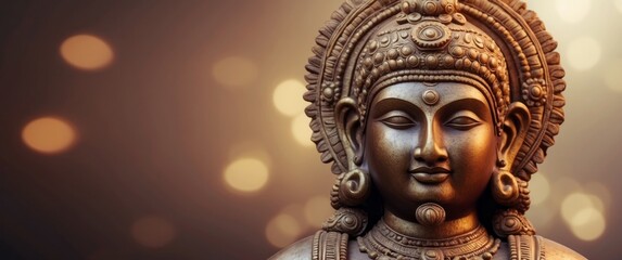 Close-up of a Golden Deity with Ornate Headwear