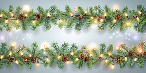 Seamless holiday border with lights, garland, and coniferous branches on background, Christmas, decorative, seamless
