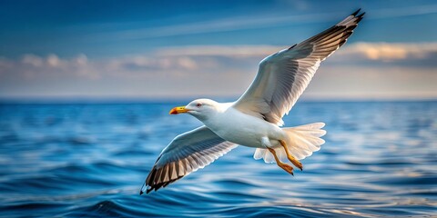 Naklejka premium Seagull gliding gracefully above the calm sea surface , seagull, bird, ocean, water, nature, wildlife, marine, flying, wings, peaceful
