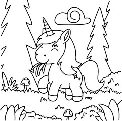 Drawing outline unicorn eating grass in the middle of the forest.eps