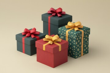 Obraz premium Four minimalist Christmas gift boxes in various geometric shapes are adorned with bright ribbons and bows, perfect for festive giving. Generative AI