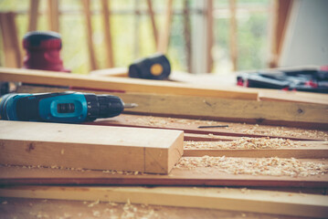 DIY craftsperson wood heap carpenter objects woodwork handyman desk. Architect tools with ruler...