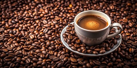 Naklejka premium A cup of freshly brewed coffee surrounded by coffee beans, coffee, cup, drink, beverage, morning, aroma, caffeine, beans, brew