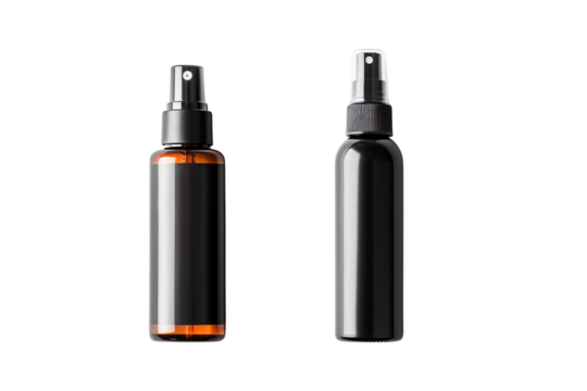 Stylish black spray bottles with transparent liquid, perfect for cosmetic or skincare products. Modern design for branding.