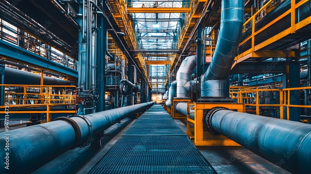 Wall mural a large industrial building with pipes and a yellow ceiling