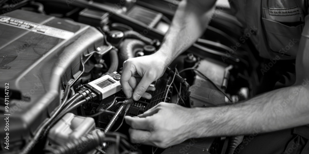 Poster a mechanic works on a car engine in a garage setting