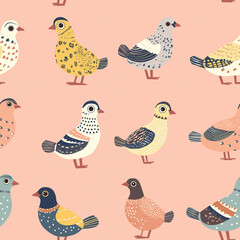 Quail seamless repeating background pattern. Pink pastel toned colors. Flat, simple hand drawn style