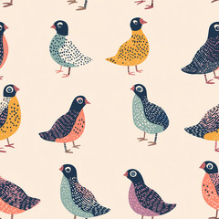 Obraz premium Quail seamless repeating background pattern. Pink pastel toned colors. Flat, simple hand drawn style