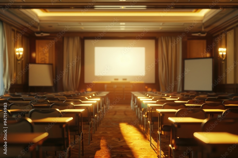 Poster Tables and chairs set up for a conference or meeting, with a projector screen