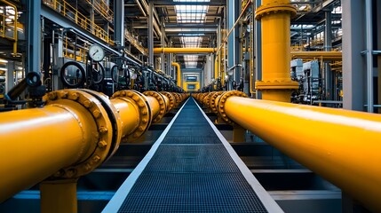 A large industrial building with pipes and a yellow ceiling