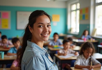 Happy Hispanic Latino American teacher with students for World Teachers' Day