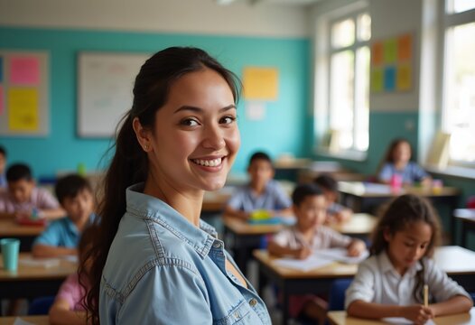 Happy Hispanic Latino American teacher with students for World Teachers' Day