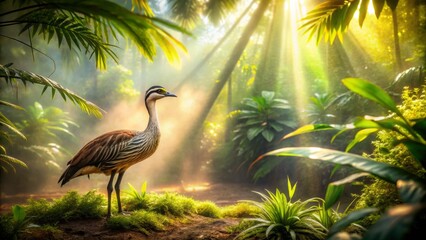 Fototapeta premium Ethereal beauty emerges from verdant mist, iridescent feathers unfolding, sunlight filtering through leaves, casting a warm, tranquil glow on this serenely robust bird.