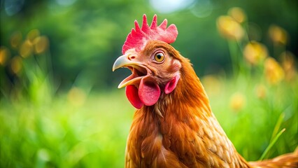 A humorous and over-the-top photo of a chicken engaging in wild antics, crazy, chicken, funny, humor, poultry, farm animal, feathers