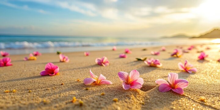 Chaba flowers scattered on the sandy beach, Chaba flowers, sandy beach, tropical, paradise, beautiful, vibrant, colorful