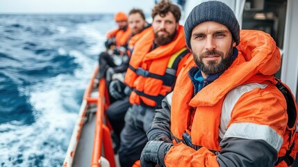 A group of rescue workers in life jackets prepares for action at sea, showcasing teamwork and commitment in challenging conditions