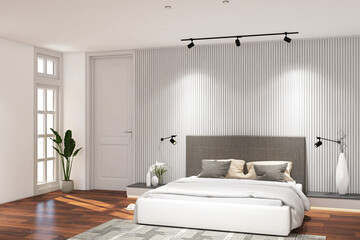 3d render of minimal bedroom side the window interior design with white wood louvre backdrop & frame mockup. Wood parquet floor, light gray wall and white ceiling. Set 15