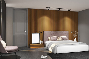 3d render of minimal bedroom side the window interior design with wood louvre backdrop & frame mockup. Cement gray floor, light gray wall and white ceiling. Set 16