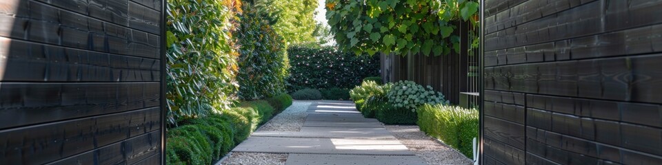 Narrow walkway between two modern minimalist buildings surrounded by a decorative garden fence.