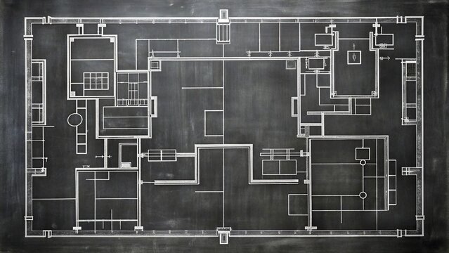Architectural floor plan layout displayed on a blackboard , architecture, blueprint, design, interior, building