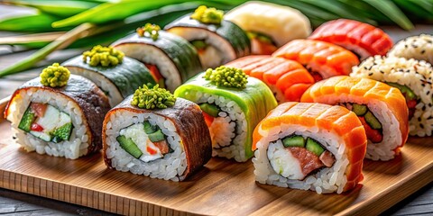 Close-up of delicious sushi and rolls made with rice and fresh fish, Japanese, cuisine, seafood, raw, traditional