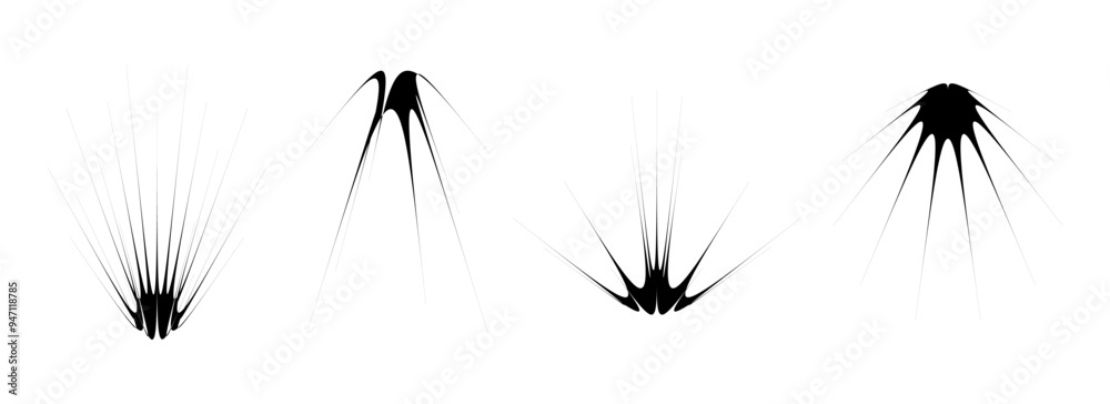 Aufkleber Black abstract spiky element set. Thin thorn semicircle shapes and angular twinkles bundle. Futuristic spokes objects for poster, collage, banner, logo, card, icon, label, sticker, badge. Vector