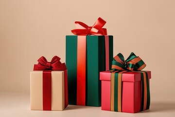 Fototapeta premium Brightly colored geometric gift boxes are elegantly tied with ribbons, enhancing the festive atmosphere of the holiday season. Generative AI