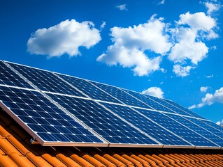 A close-up of solar panels on a roof under a bright blue sky with fluffy clouds, showcasing renewable energy technology.