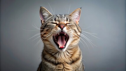 Obraz premium A cute cat with eyes closed, mouth wide open in a big yawn, cat, pet, animal, feline, cute, domestic, yawning, sleepy, tired, adorable