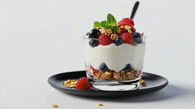 A glass of yogurt parfait, showcasing layers of creamy yogurt, fresh berries, and crunchy granola, served on black plate, isolated on white background