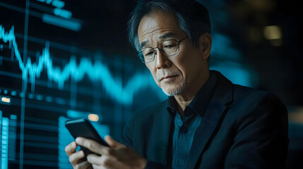 Serious businessman using smartphone with stock market data in background