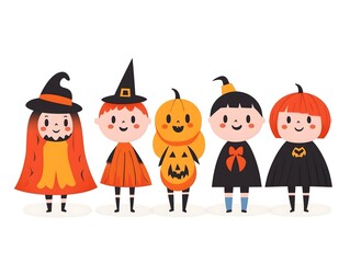 Five cheerful children in Halloween costumes, including witches and pumpkins, standing in a row in a cute, whimsical style.