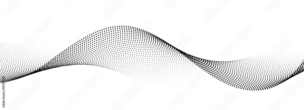 Poster Dotted wavy line background. Black halftone undulate pattern. Curved dashed gradient design element for poser, banner, presentation, booklet. Abstract flowing particle wave wallpaper. Vector