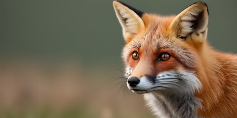 Fototapeta premium Close-up photo of the fox's face, showcasing its striking features, such as its bright and curious eyes, smooth mustache, and delicate curved snout, with warm fur tones