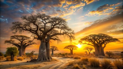 Obraz premium Gnarled baobab branches stretch towards the sky, like nature's cathedral, in a serengeti landscape dotted with dusty plants, where golden sunset light reveals a soft glow.