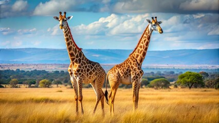 Obraz premium Two giraffes standing tall in the African savannah , Giraffes, African, Wildlife, Nature, Tall, Animals, Safari, Walking