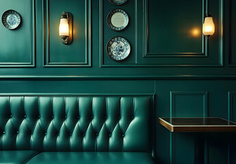Green Upholstered Booth with Wall Decor and Table