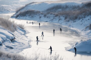 People ice fishing on a frozen river surrounded by snow-covered banks during winter in a serene and tranquil landscape