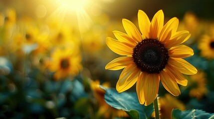 Obraz premium A Single Sunflower in a Field of Sunflowers at Sunset