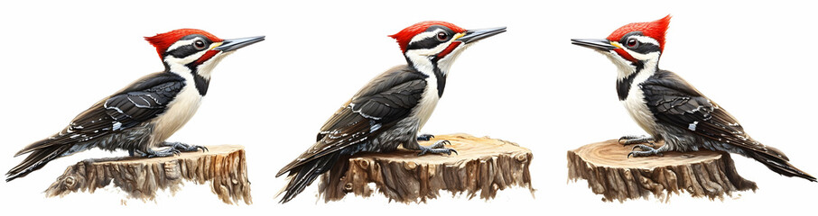 Pileated Woodpecker Bird on Tree Stump Illustration