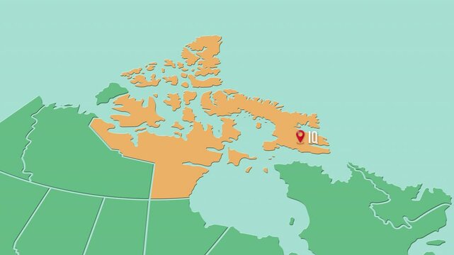 Mapa de Canad&aacute; con divisi&oacute;n pol&iacute;tica resaltando el territorio de  Nunavut con la capital Iqaluit.