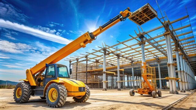 Telescopic handler with extended arm reaching high with construction site background, telehandler