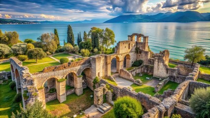Naklejka premium Ancient Roman villa ruins of Grottoes of Catullus in Sirmione, Italy , Italy, travel, destination, Grottoes of Catullus