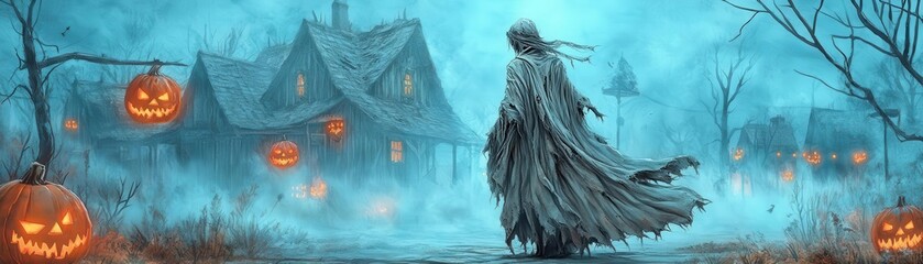 Fototapeta premium A ghostly figure in a flowing, tattered gown, attending a haunted festival in a decayed village, surrounded by fog and eerie lights, gothic horror, dark colors, watercolor