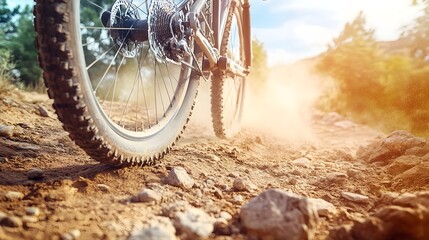 A close-up of a mountain bike tire rolling over a rocky path with dust being kicked up