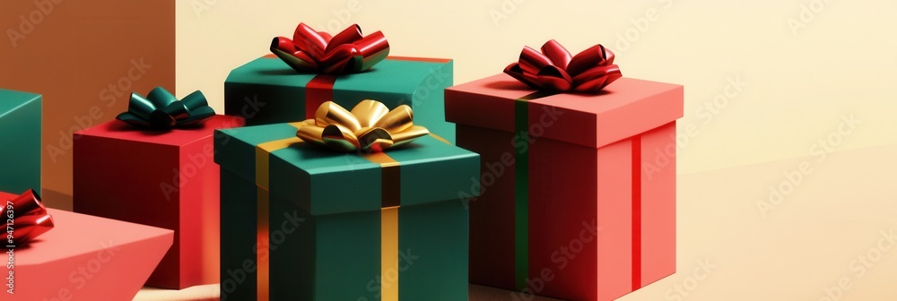 Poster colorful christmas gift boxes with ribbons and bows are creatively arranged in geometric shapes for 