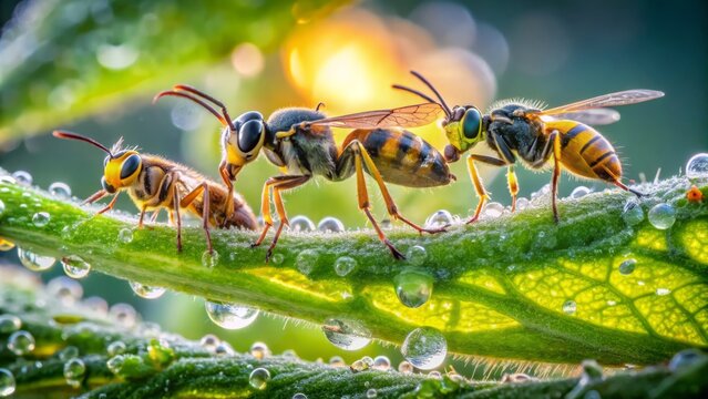 In the morning's gentle hush, wasps lay eggs amidst aphids and dewy foliage, textures and tones harmonizing in a subtle dance of predator and prey.